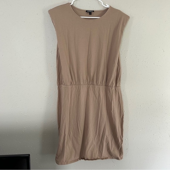 Express Tan Nude Mini Dress Shoulder Pads Comfy Casual Summer Formal XL Neutral - Picture 1 of 6